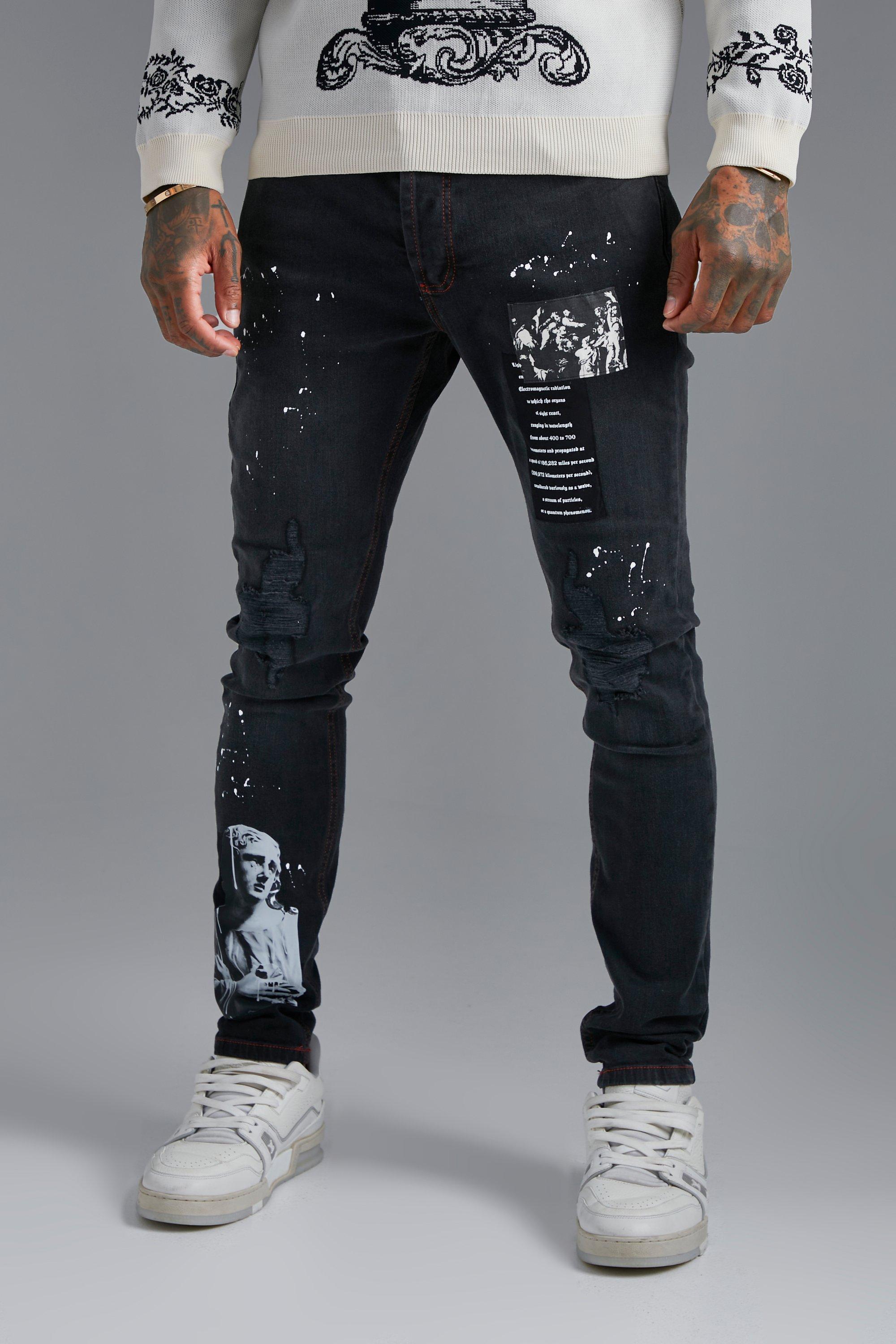 Blue With Red Paint Patchwork Splatter Jeans, Patchwork Paint Splatter  Jeans