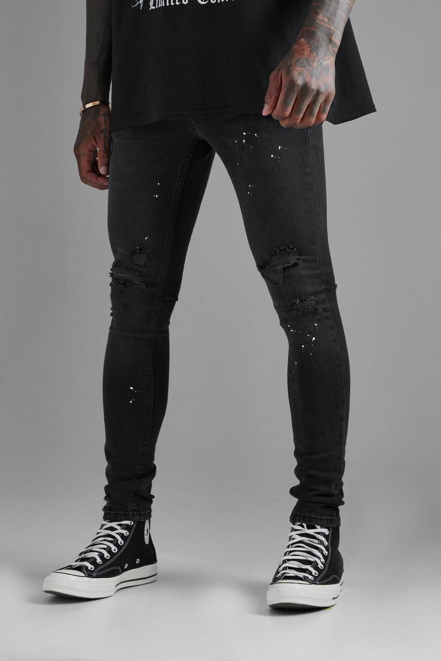 Washed black Super Skinny Ripped Paint Splatter Jeans image number 1