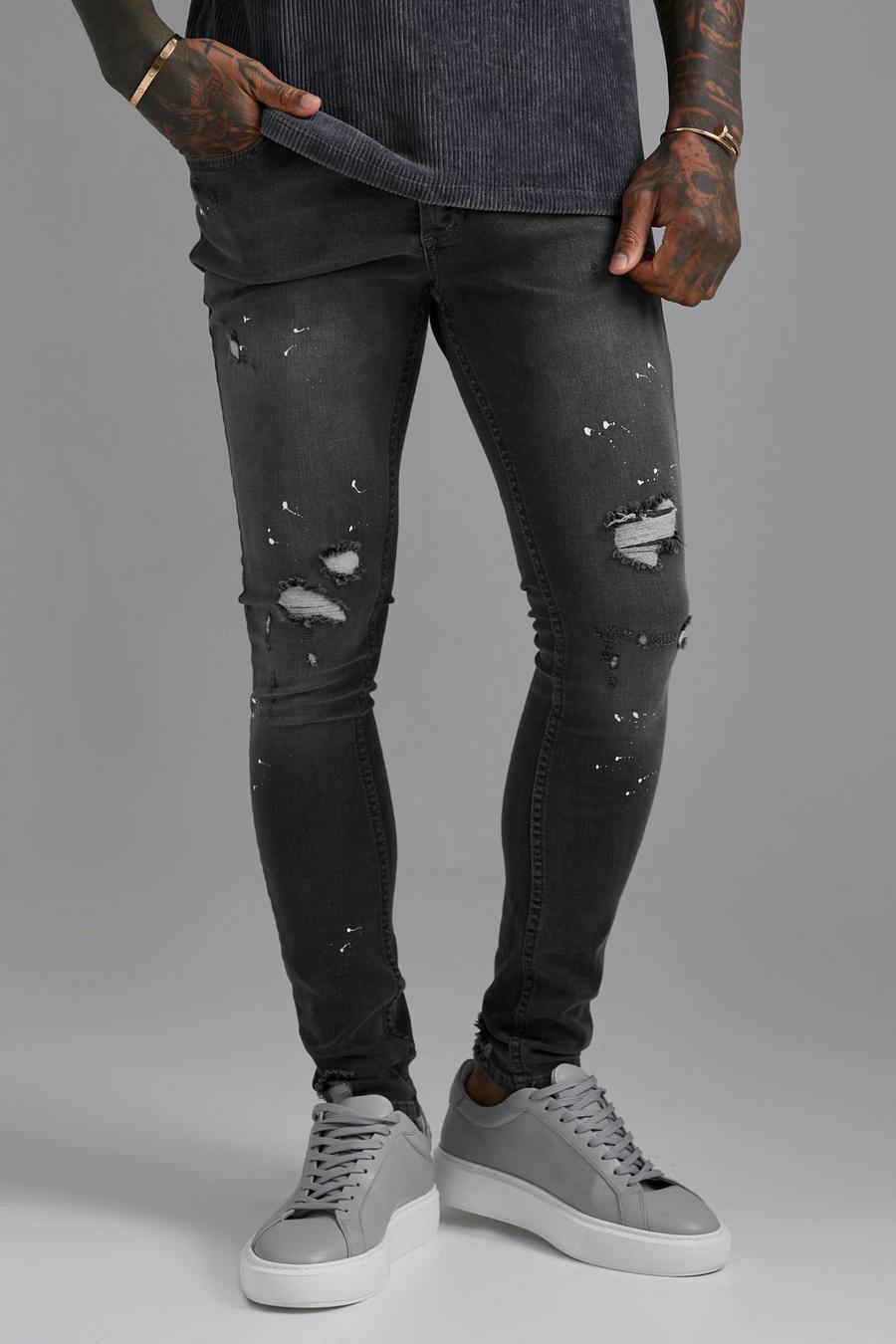 Mid grey grå Super Skinny Ripped Paint Splatter Jeans