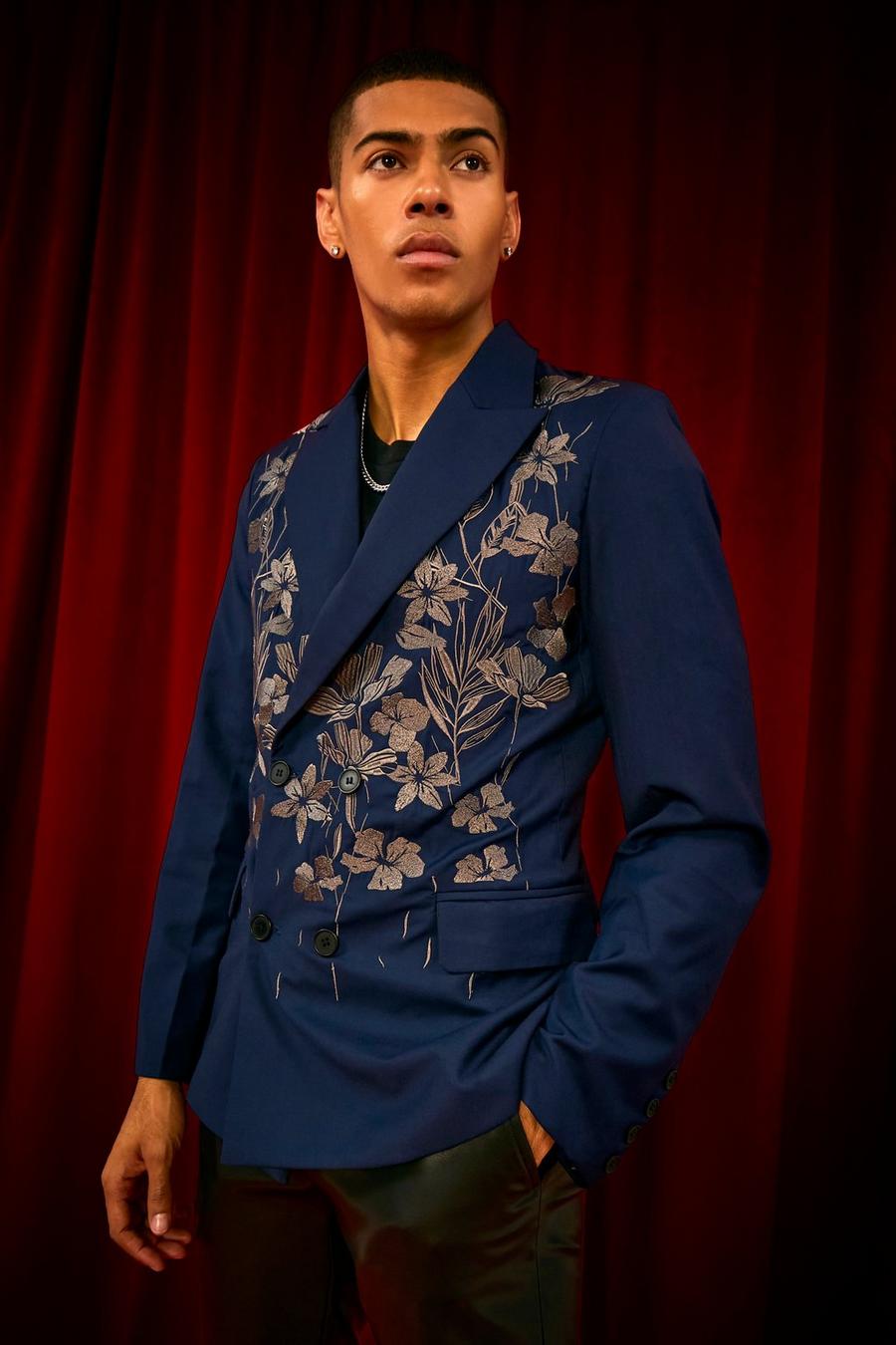 Navy marinblå Slim Double Breasted Embroidered Blazer