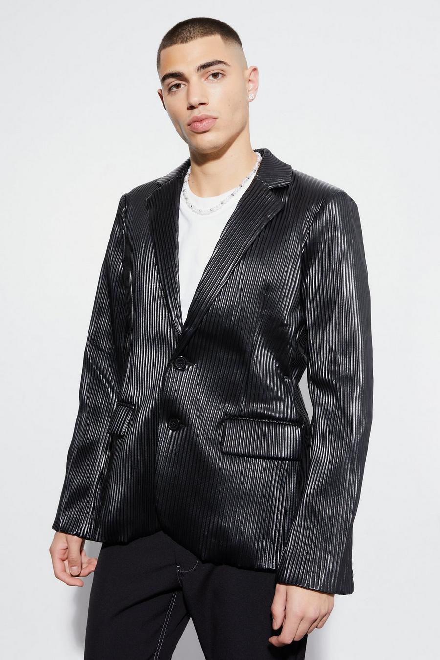 Black Slim Pu Pleated Suit Jacket image number 1