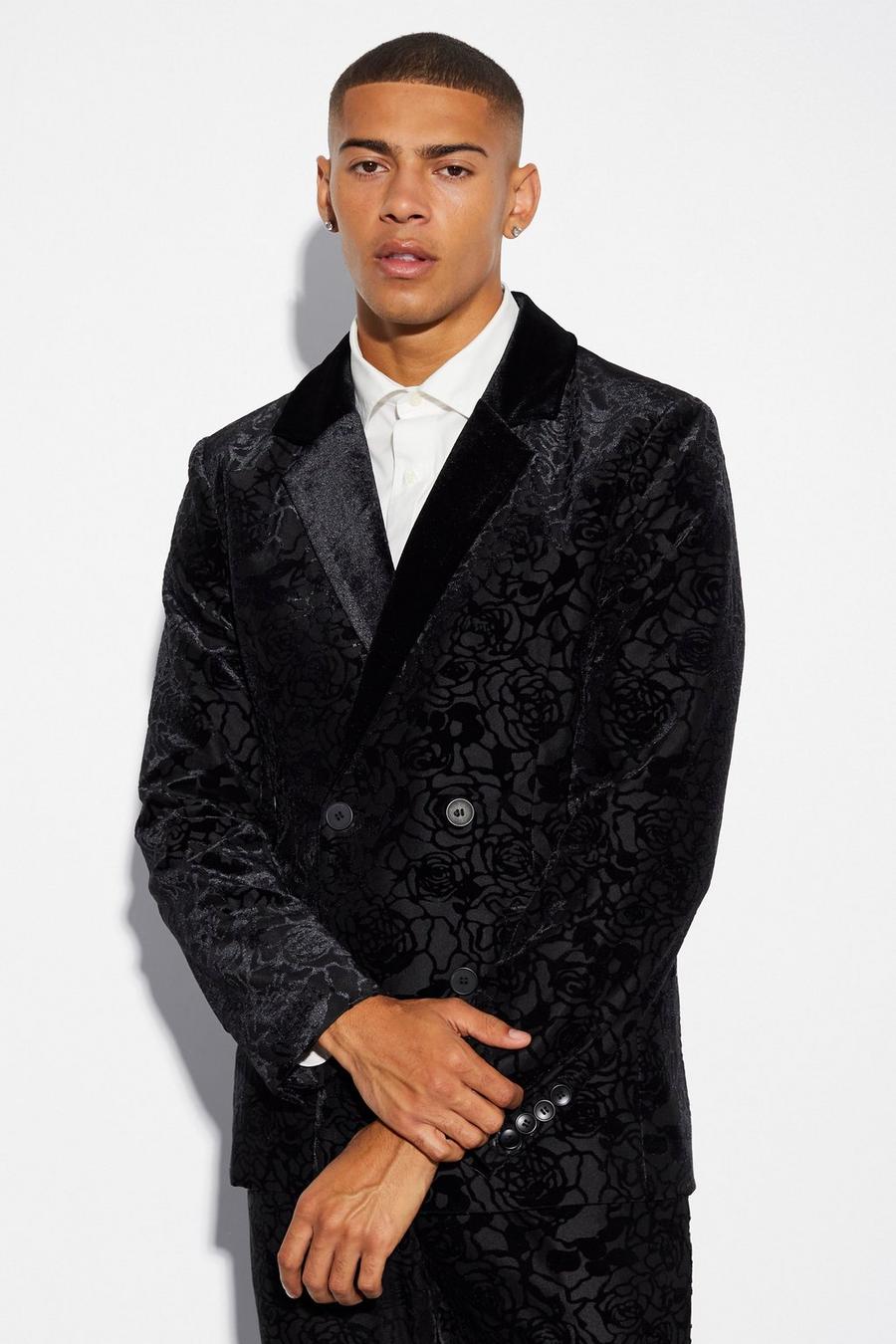 Black Skinny Double Breasted Lace Flock Suit Jacket image number 1