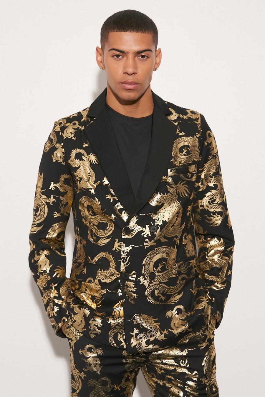 Gold Slim Double Breasted Foil Dragon Suit Jacket image number 1