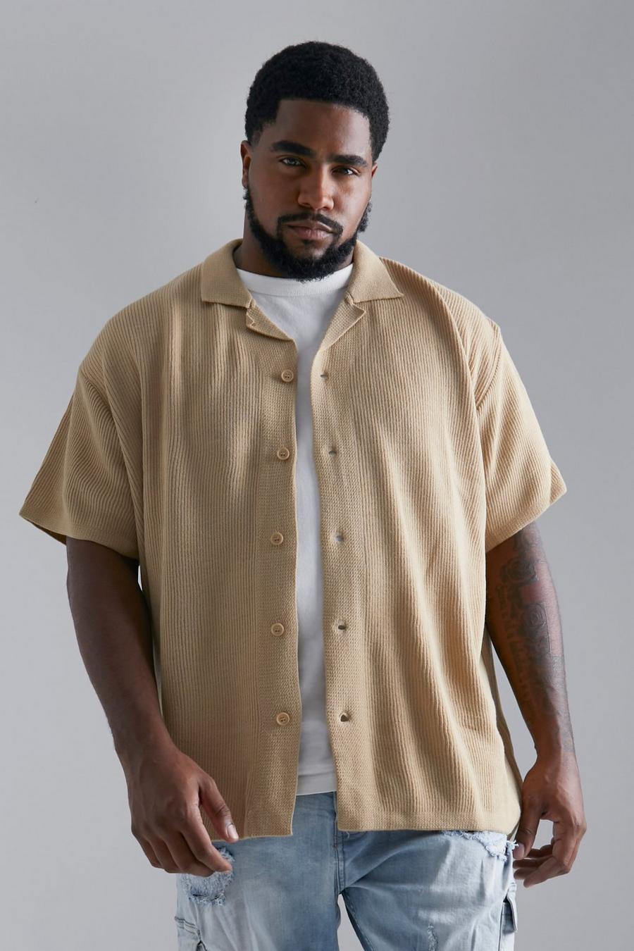 Stone Plus Short Sleeve Knitted Ribbed Revere Shirt image number 1