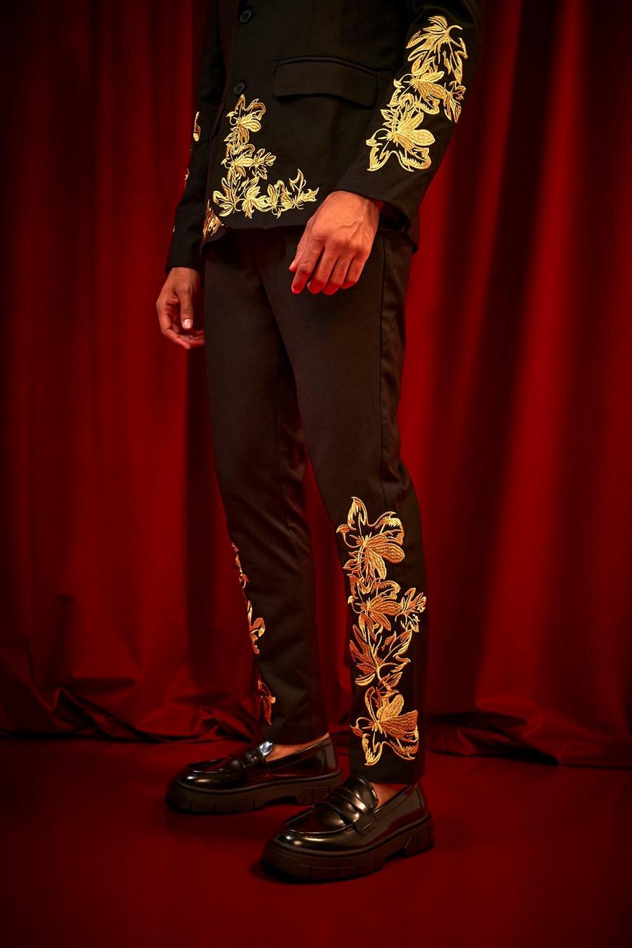 Black Slim Embroidered Floral Suit Trousers image number 1