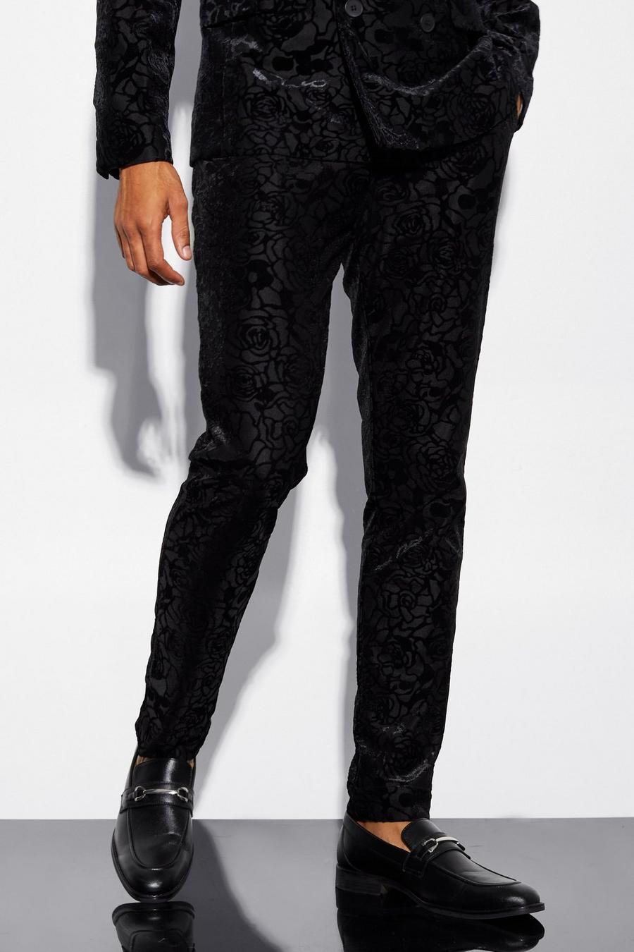 Black Skinny Lace Flock Suit Trousers image number 1