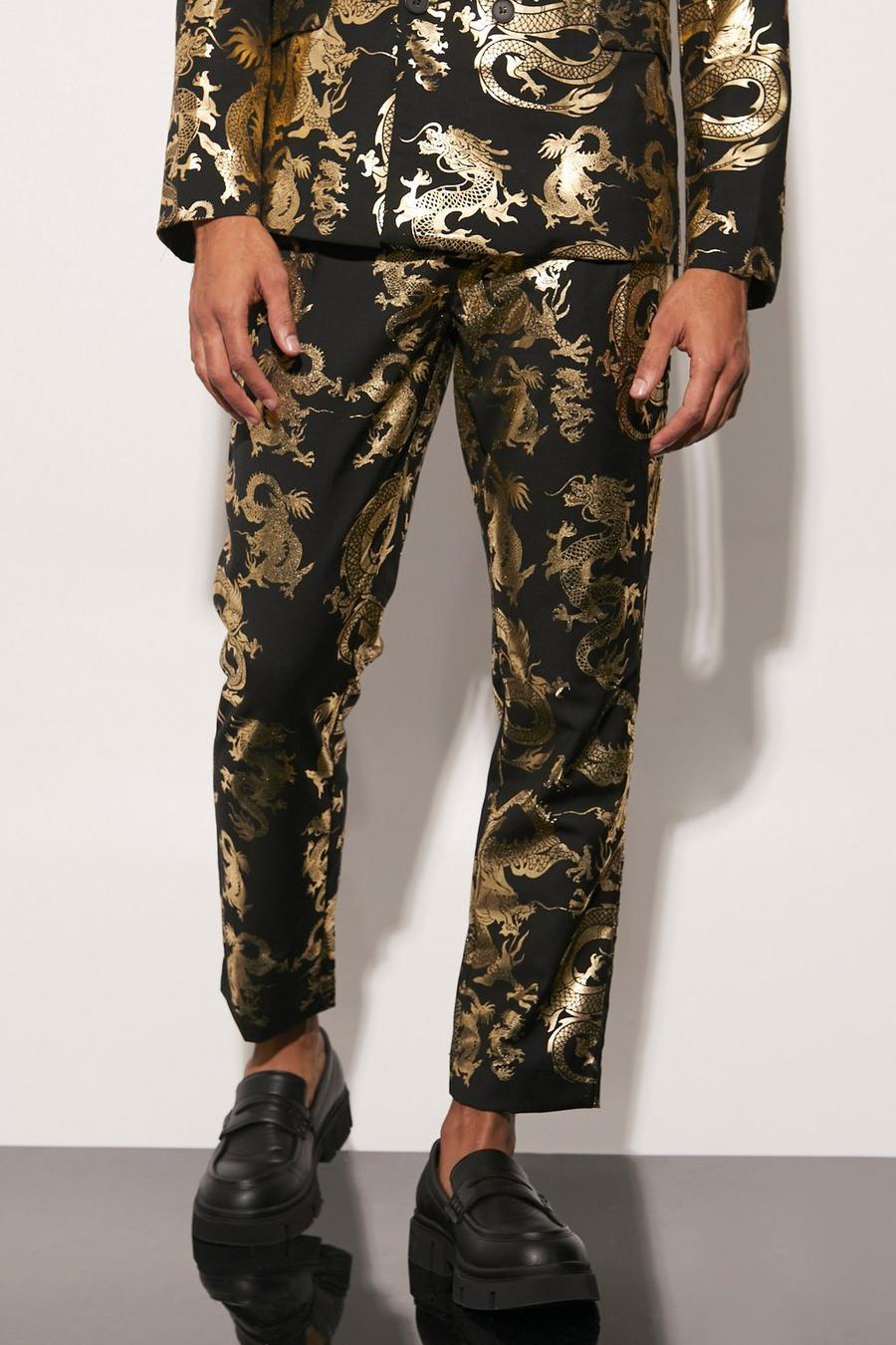 Gold metálicos Slim Foil Dragon Crop Suit Trousers