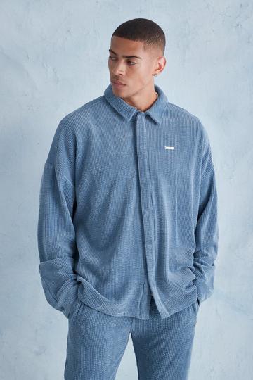 Ribbed Velour Concealed Placket Oversized Shirt dusty blue