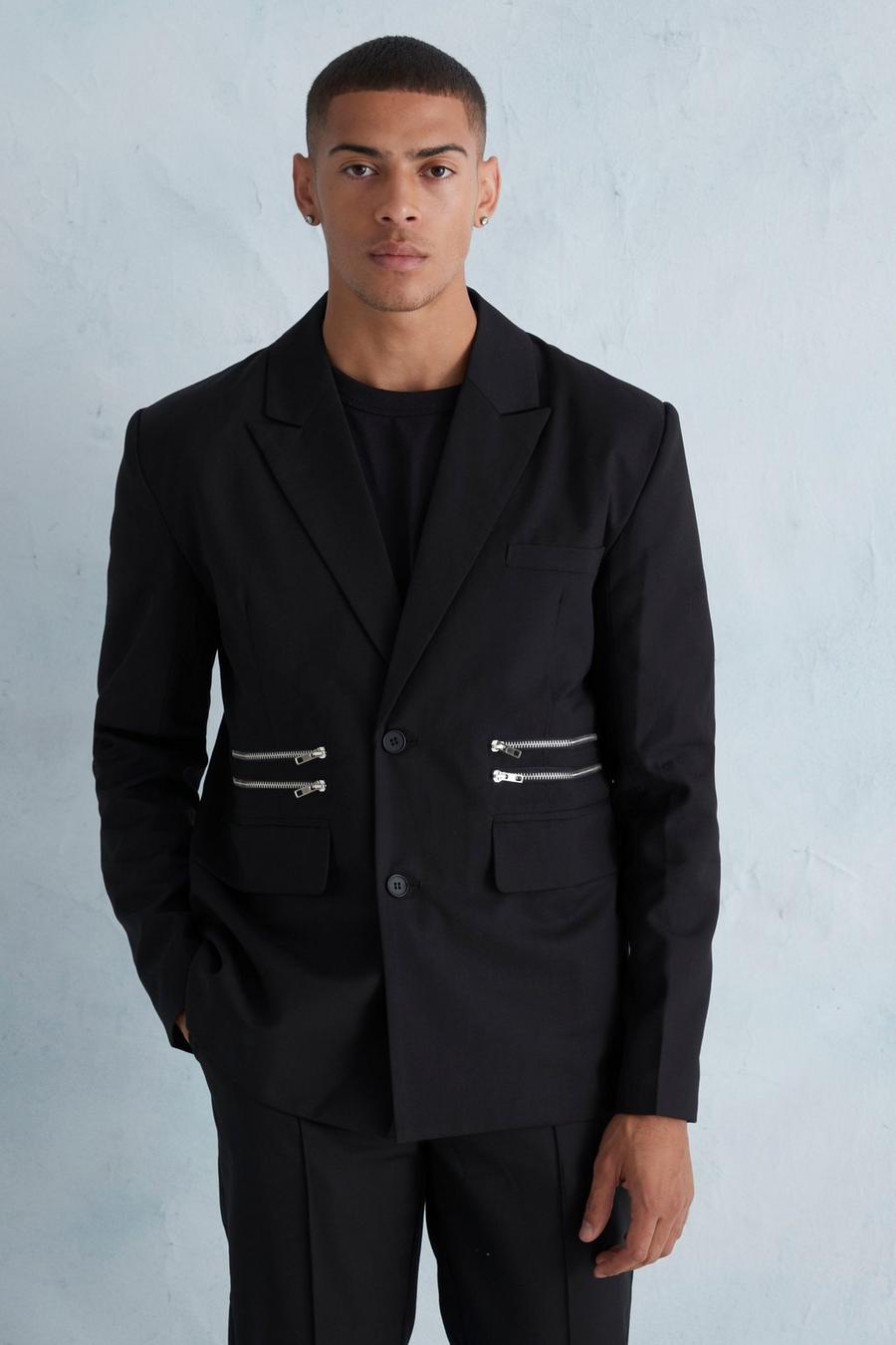 שחור ז'קט חליפה אוברסייז בגזרה מרובעת עם רוכסן image number 1
