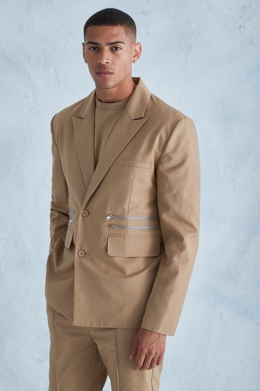קאמל ז'קט חליפה אוברסייז בגזרה מרובעת עם רוכסן image number 1