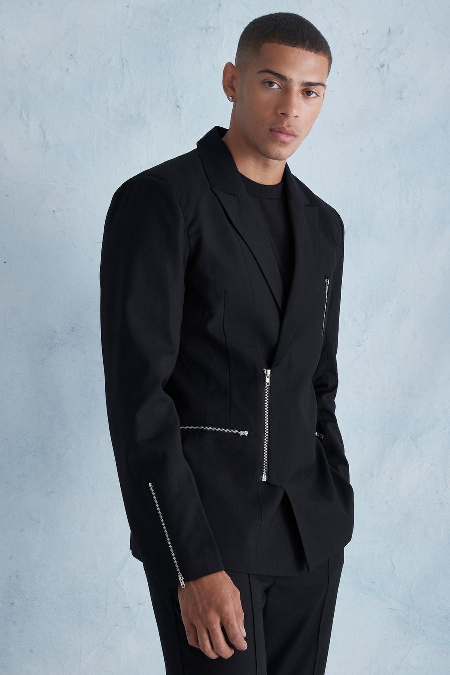Black Slim Fit Wrap Zip Suit Jacket