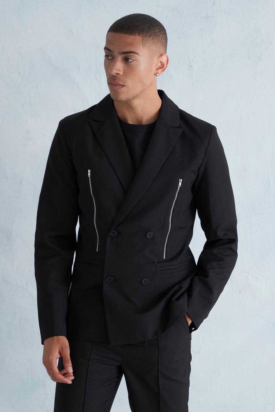 Black Slim Fit Double Breasted Zip Suit Jacket image number 1