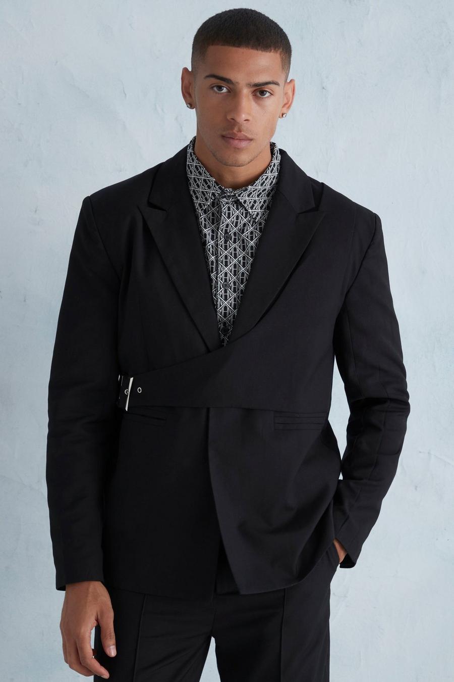 Black Oversized Boxy Wrap Over Detail Suit Jacket