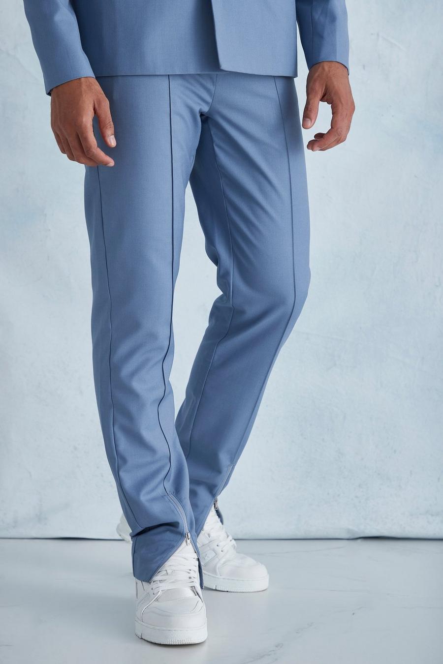 Dusty blue bleu Straight Leg Trouser With Zip Hem