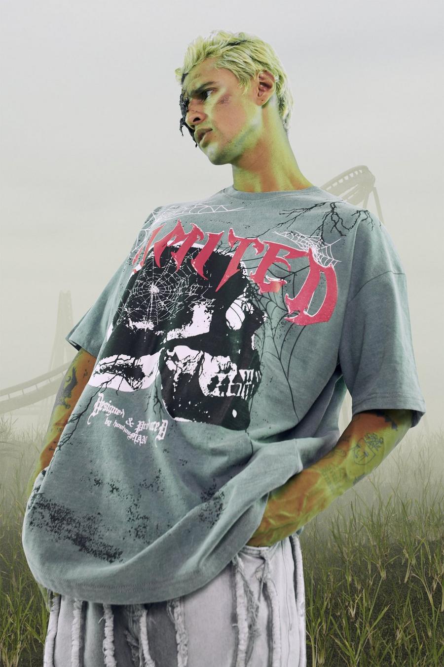 Camiseta oversize con estampado gráfico de calavera desteñido, Charcoal grigio