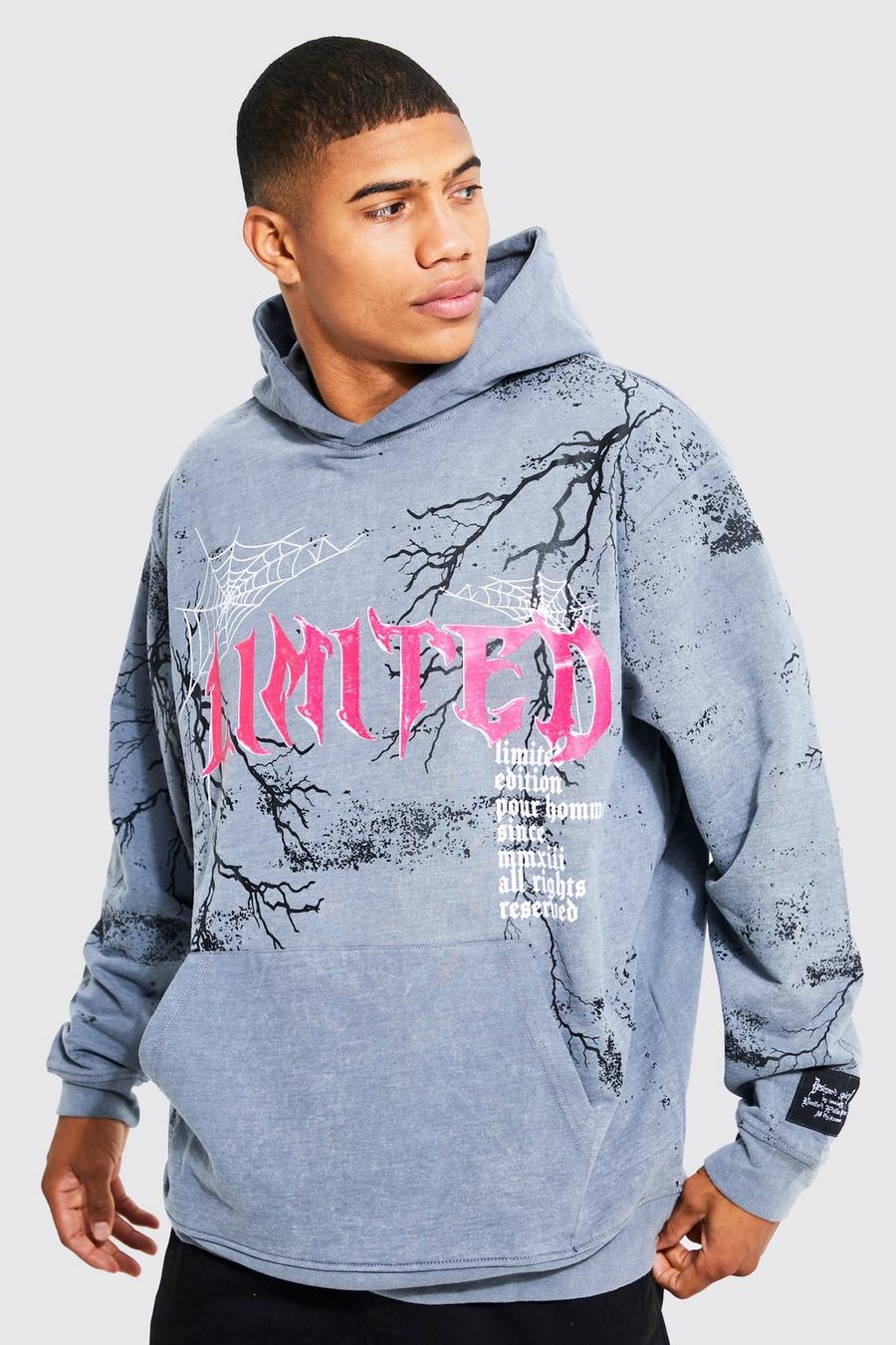 Charcoal grey Oversized Skull Graphic Washed Hoodie