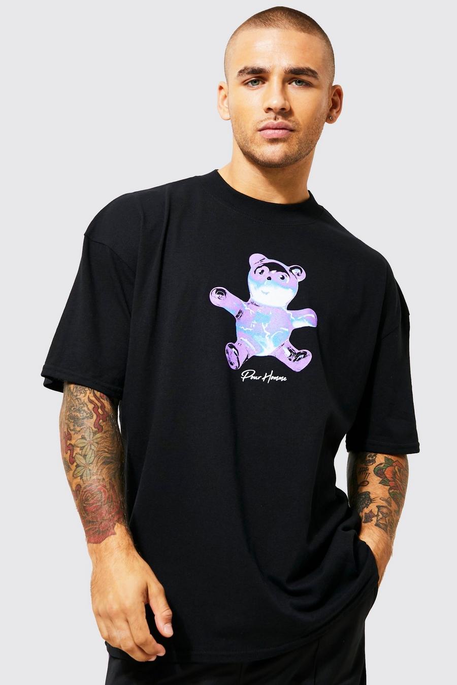 Black svart Oversized Extended Neck Bear Graphic T-shirt image number 1