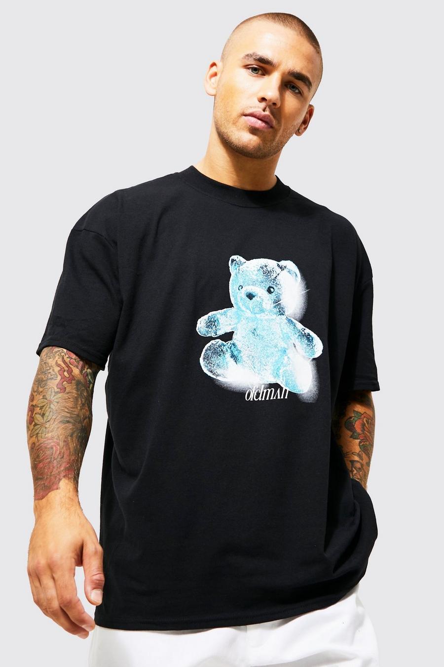 Black svart Oversized Extended Neck Bear Graphic T-shirt image number 1