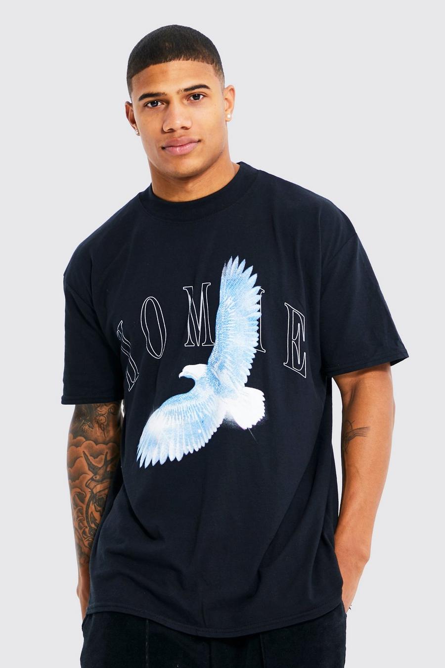 Camiseta oversize con cuello extendido y estampado gráfico de paloma, Black image number 1