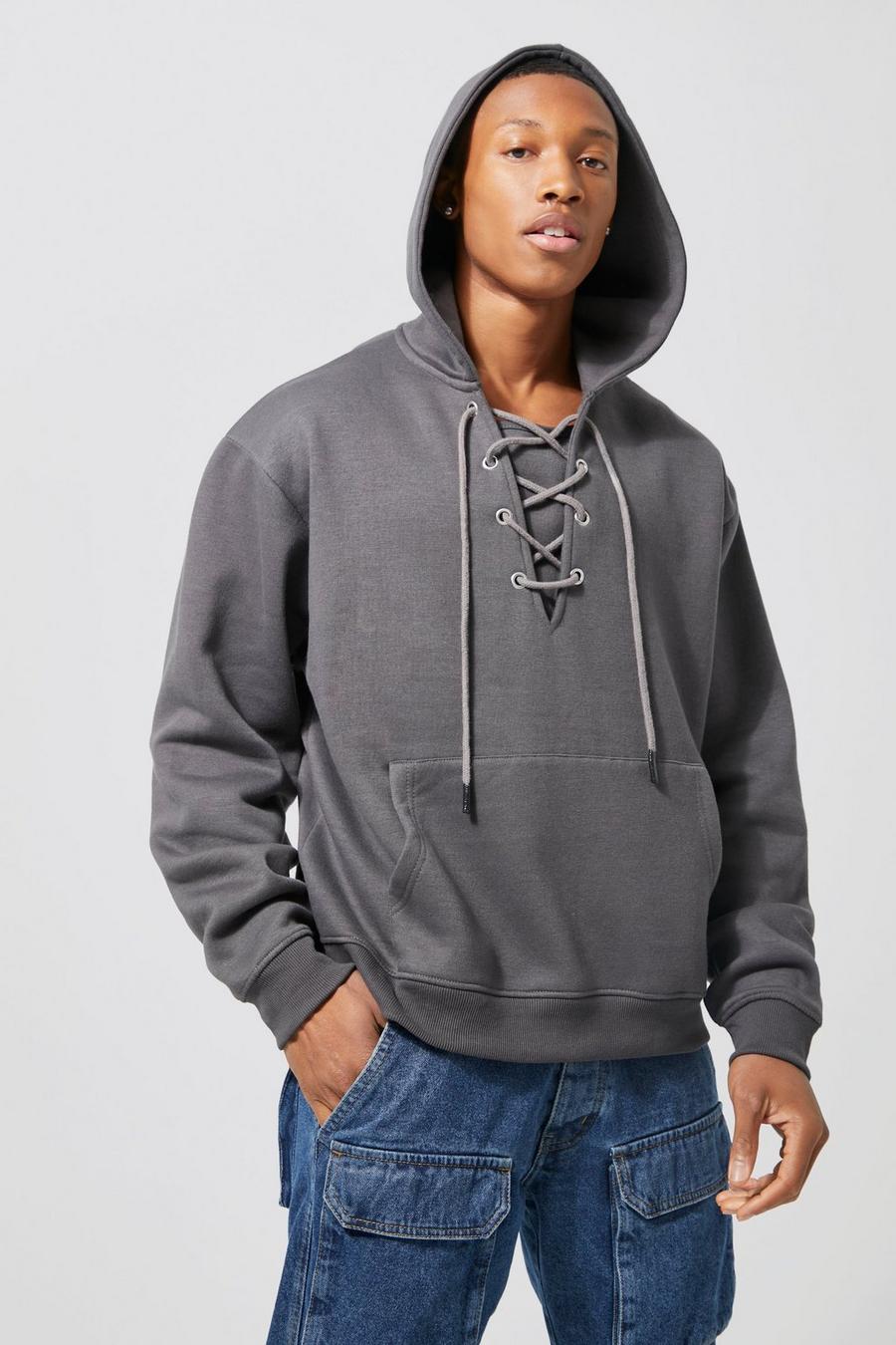 Dark grey Oversized Boxy Hoodie With Lace Detail image number 1
