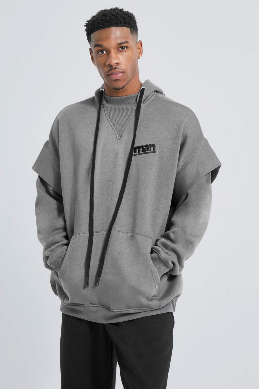Charcoal Oversized Drop Shoulder Faux Layer Hoodie image number 1