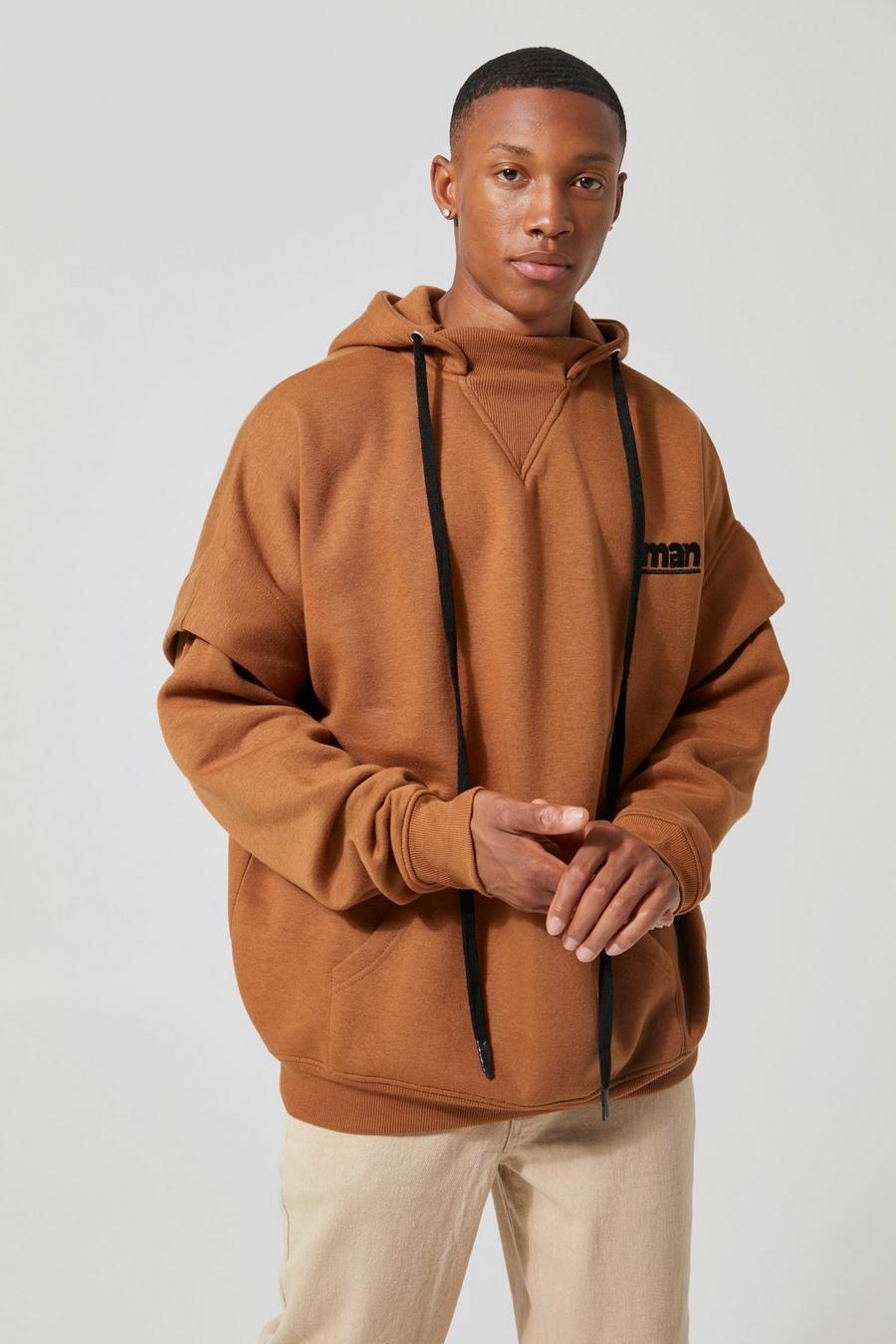 Tobacco Oversized Drop Shoulder Faux Layer Hoodie image number 1