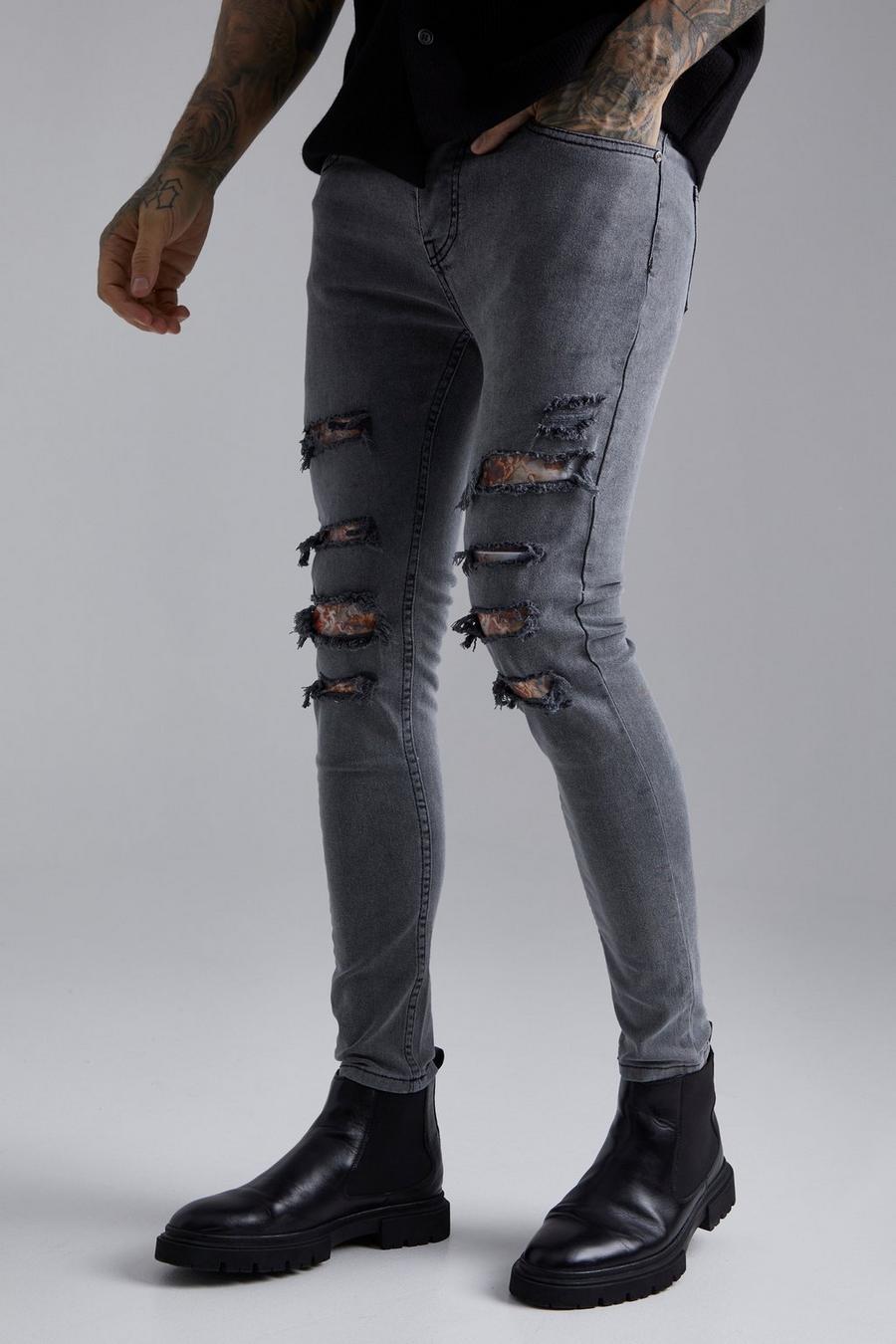 Jeans Skinny Fit in fantasia rinascimentale con strappi & rattoppi, Grey gris