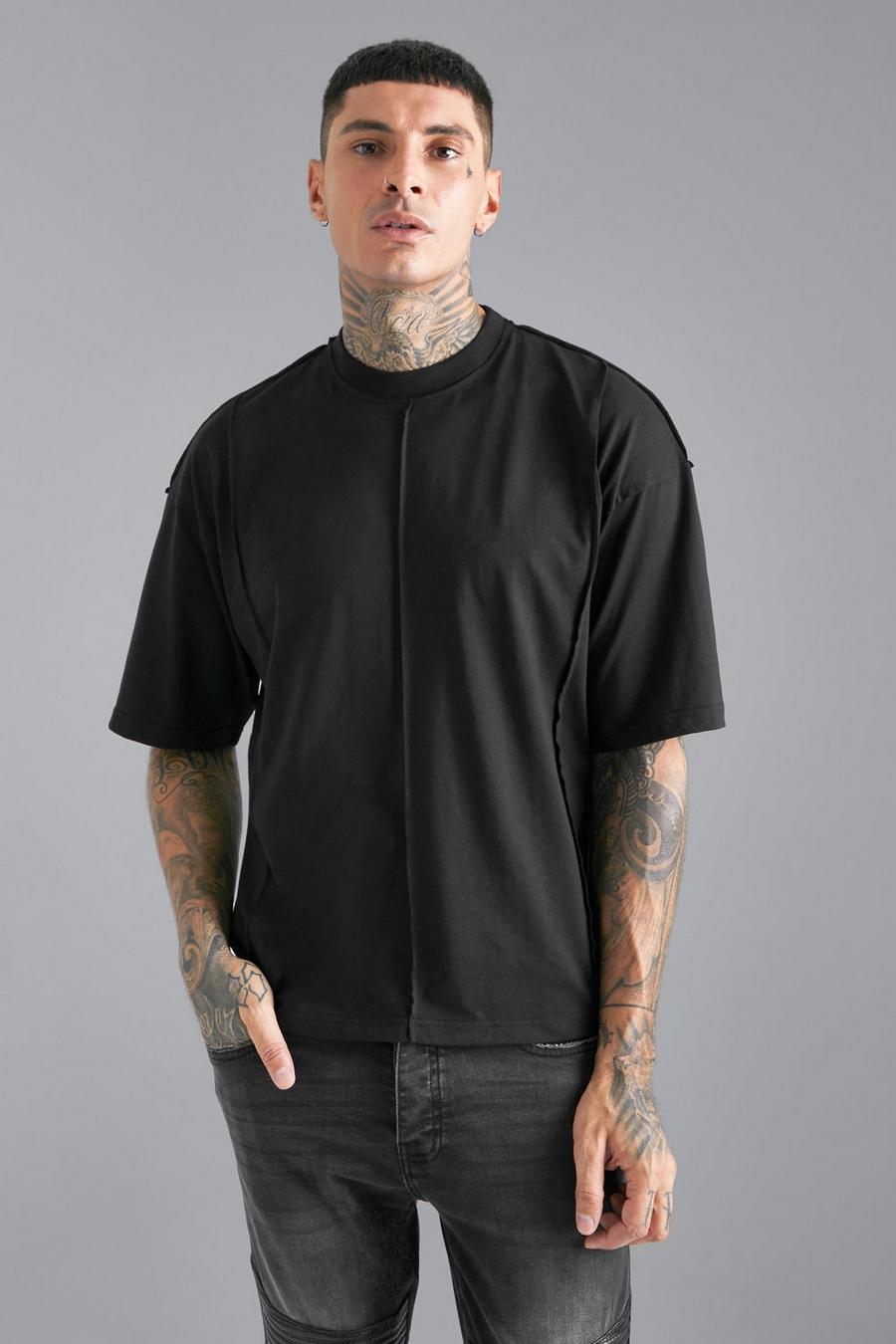 Black Boxy Distressed Seam Detail T Shirt