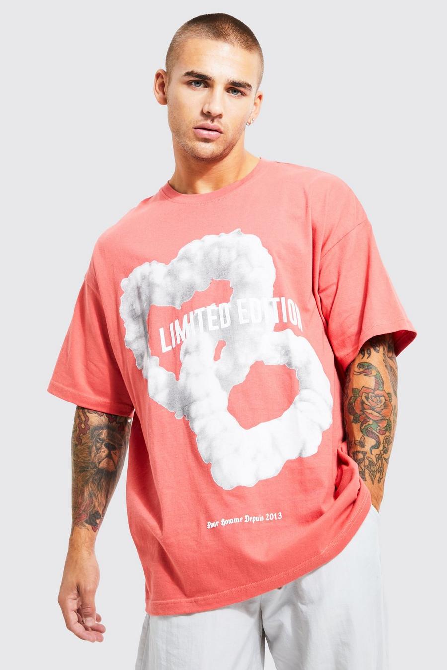 Red Oversized Cloud Hearts Printed T Shirt image number 1