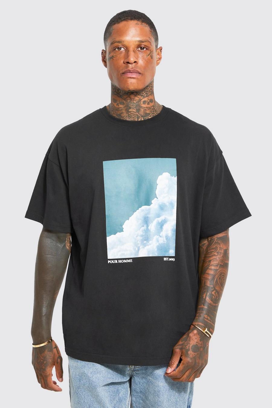 Black Oversized Cloud Print Photographic T Shirt image number 1