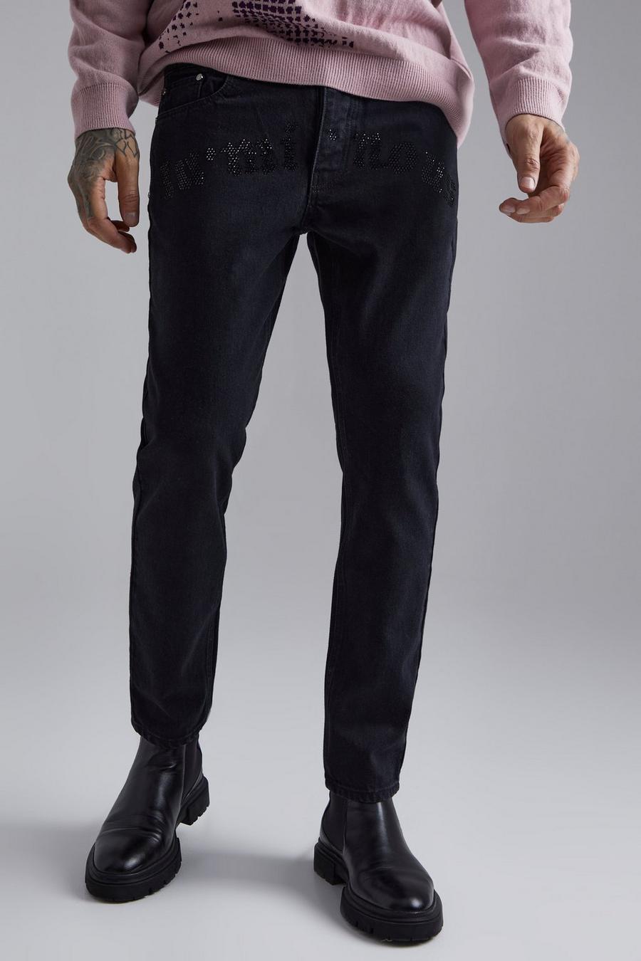 Black Slim Rhinestone Graphic Jeans