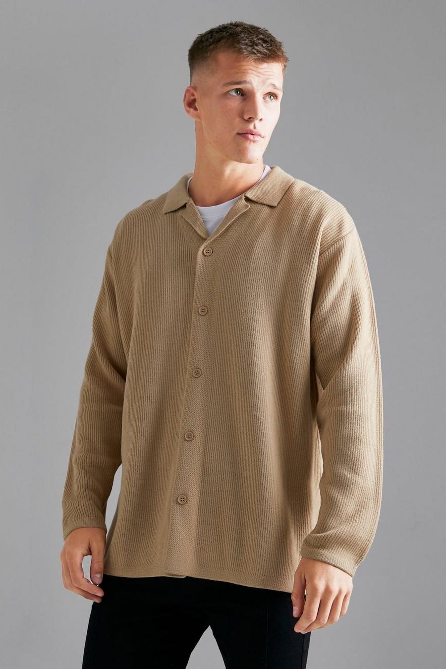 אבן beige חולצה בסריגת ריב עם צווארון שטוח ושרוולים קצרים, לגברים גבוהים image number 1