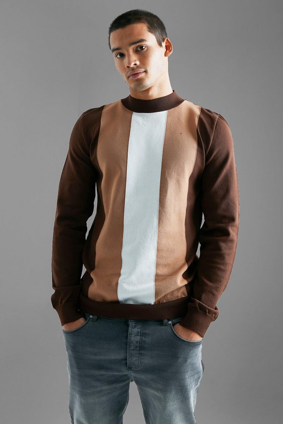 Chocolate brown Extended Neck Colourblock Jumper