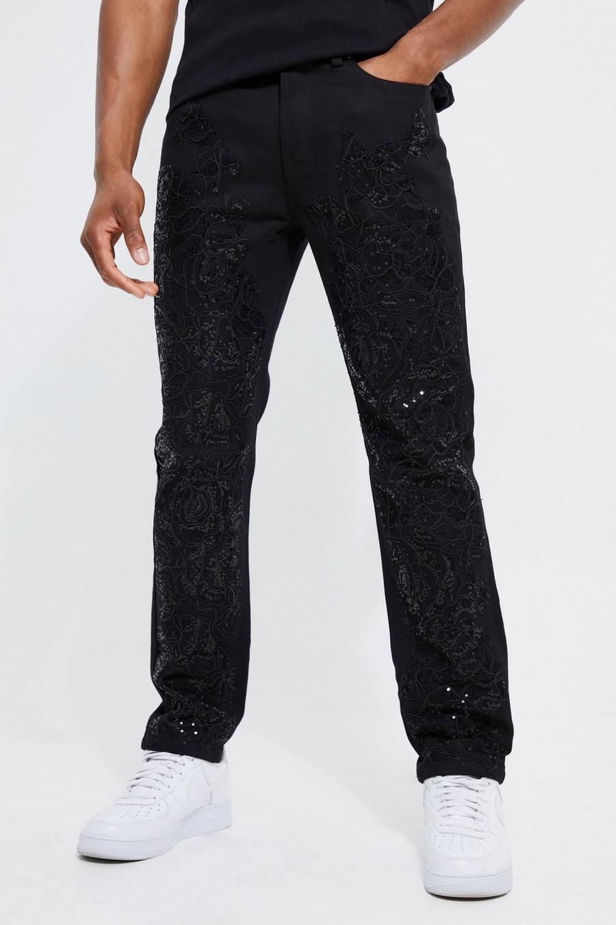 Gerade Jeans mit Spitzen-Applikation, Black noir