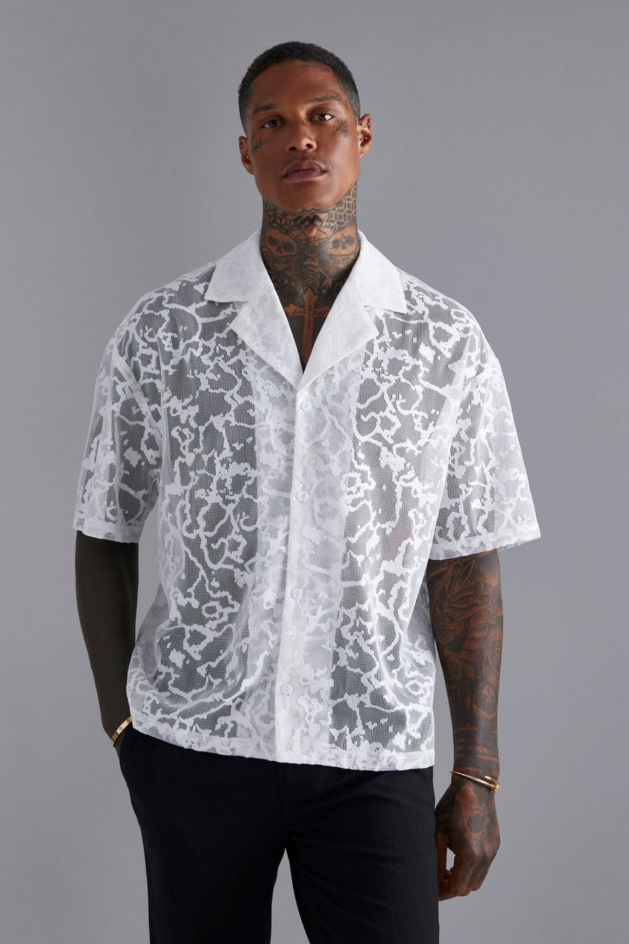 White Mesh Marble Boxy Revere Short Sleeve Shirt image number 1
