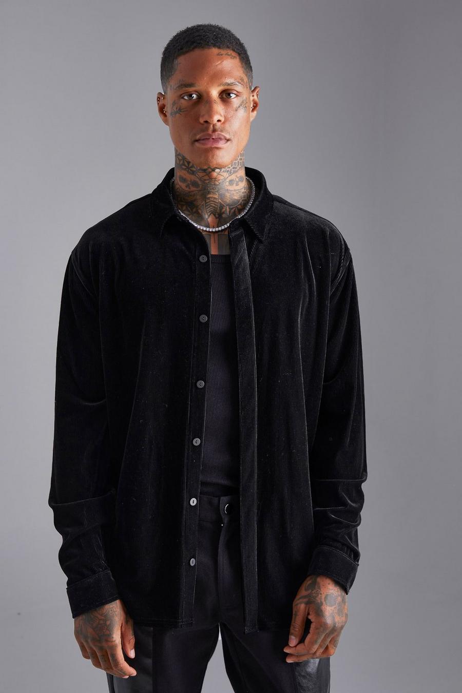 Black Pleated Velour Long Sleeve Shirt image number 1
