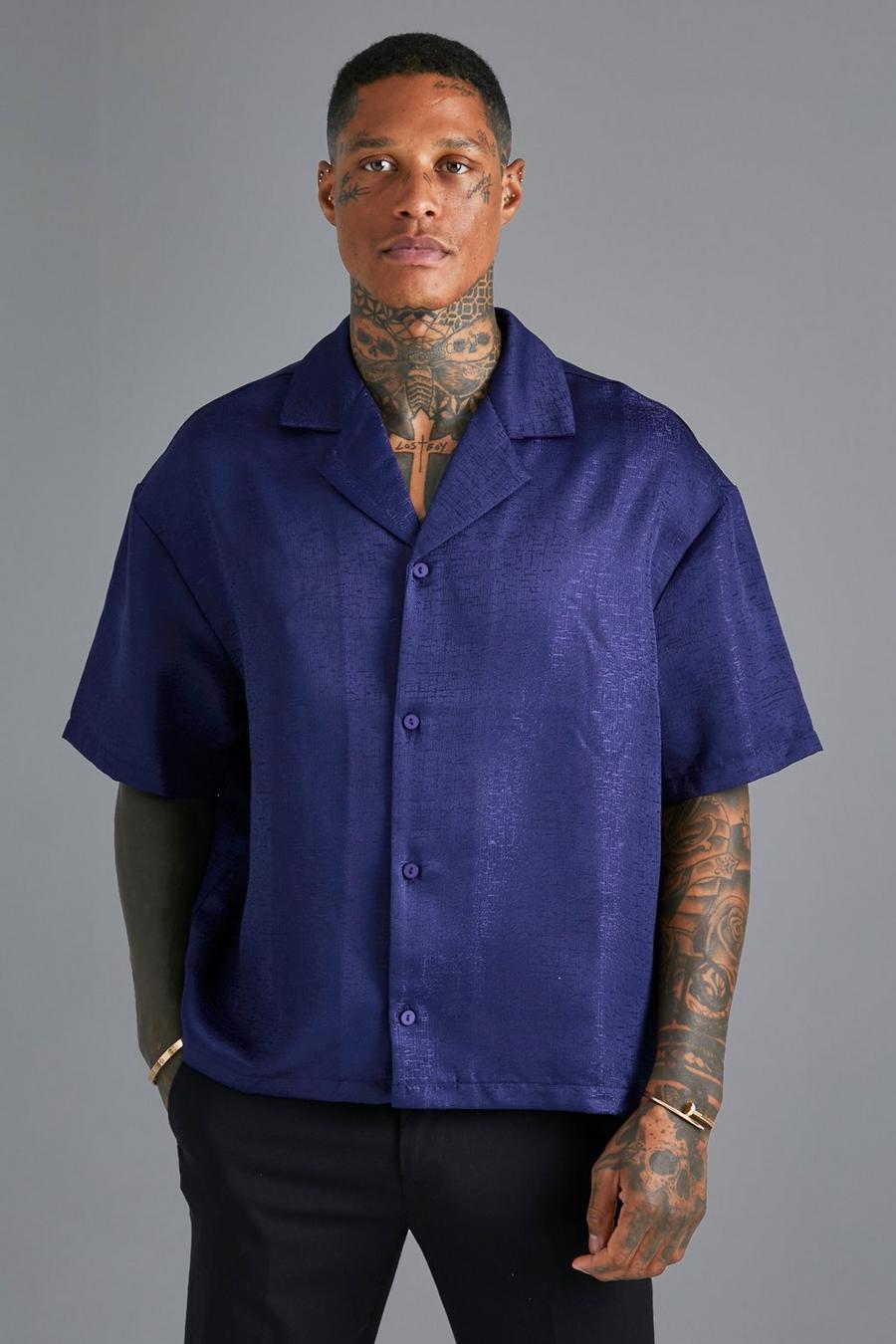 Camisa recta texturizada de manga corta con solapas, Navy blu oltremare
