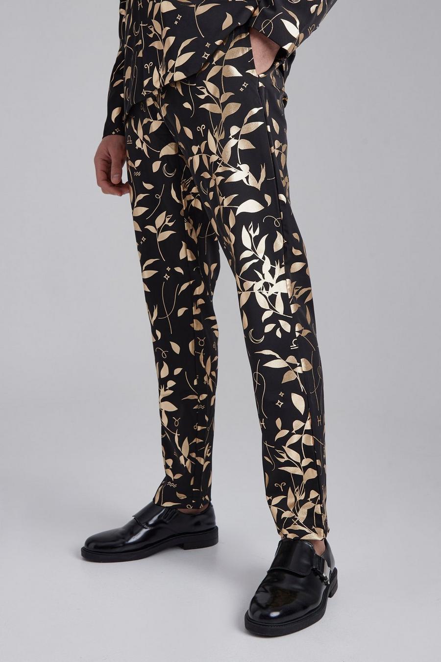 Pantalon slim à imprimé feuilles d’or, Black noir