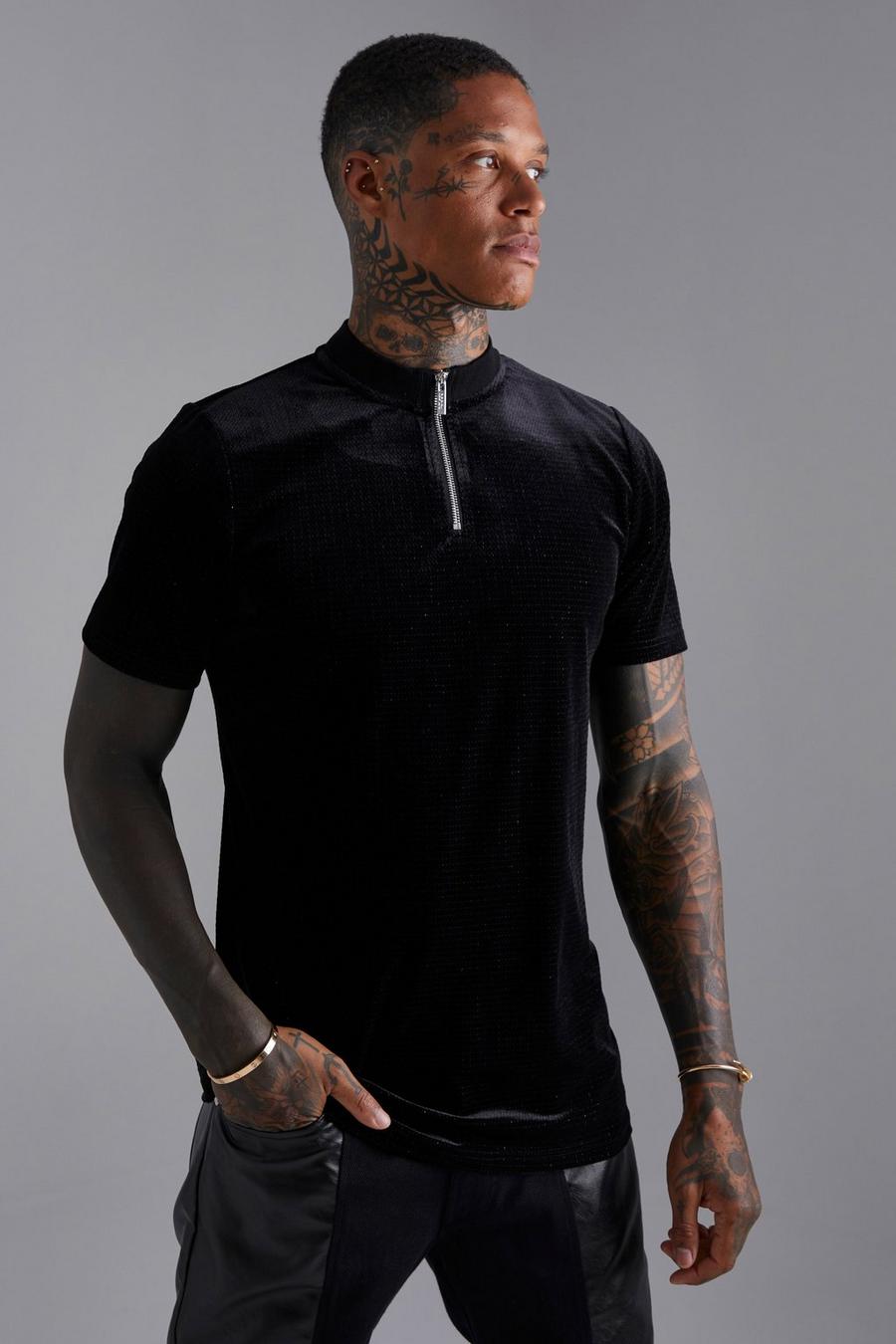 Black Velour Waffle High Neck Slim Polo Top image number 1