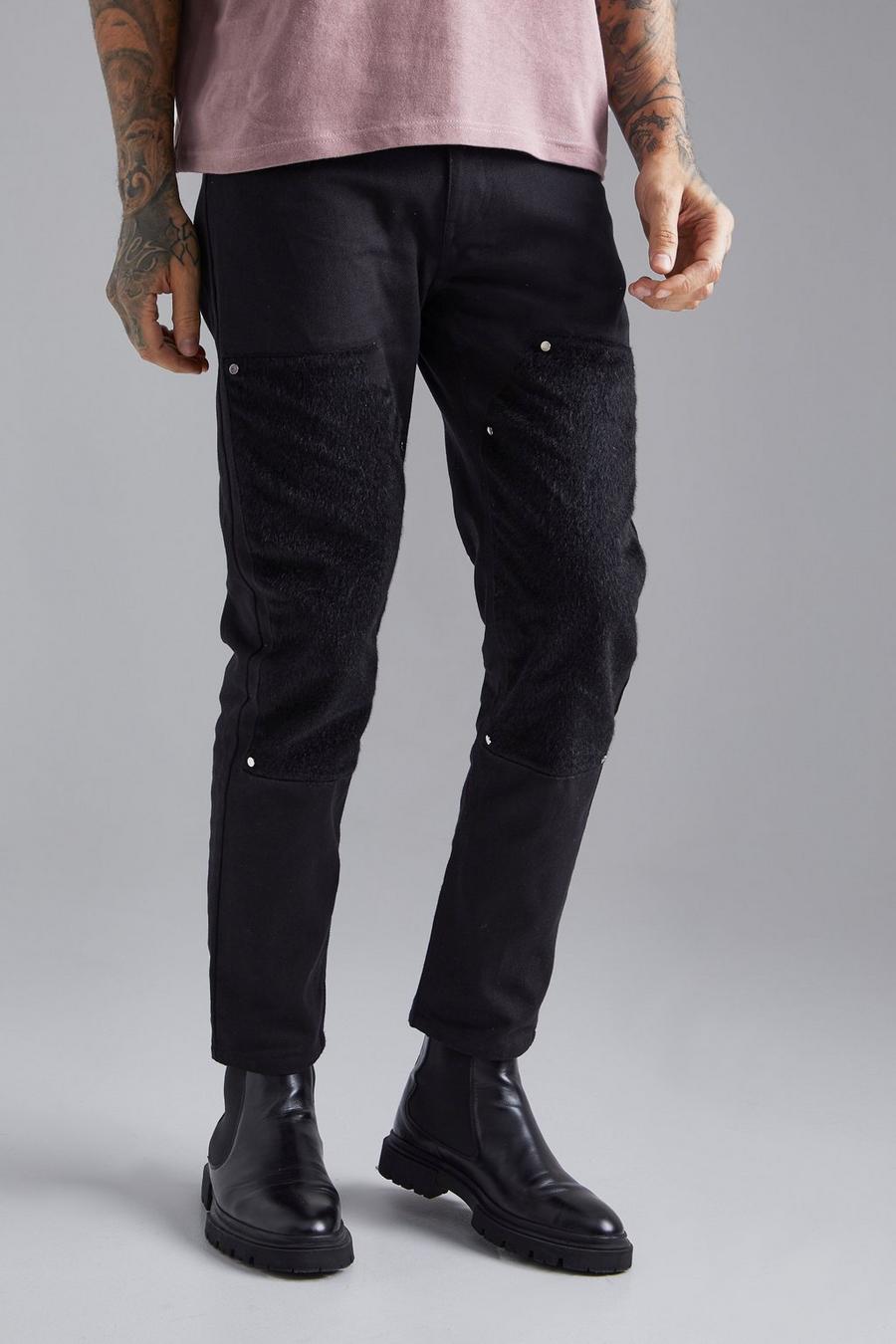 Black Slim Fit Faux Fur Worker Panel Jeans image number 1