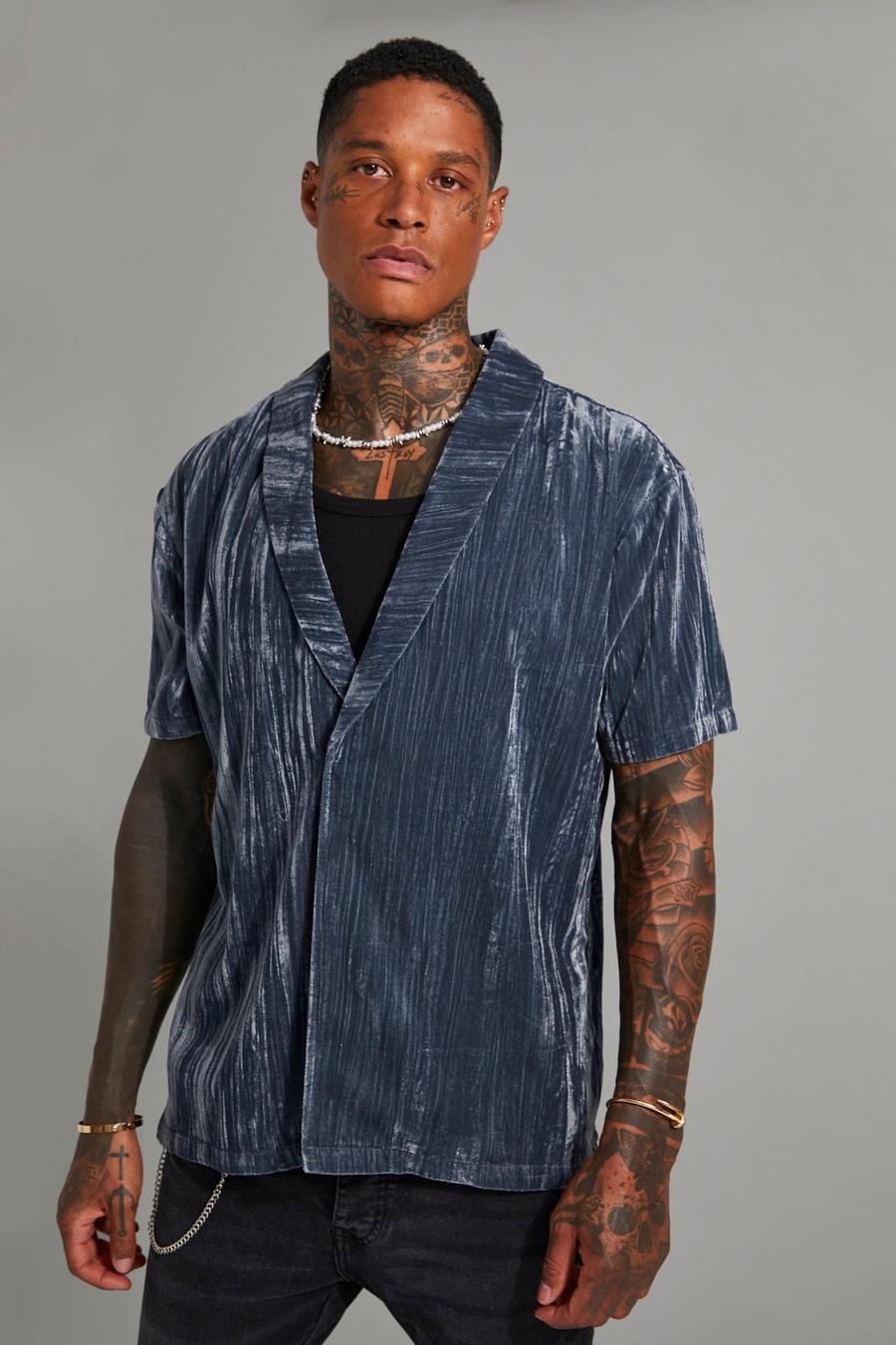 Dusty blue Slim fit kortärmad skjorta i velour med bowlingkrage image number 1