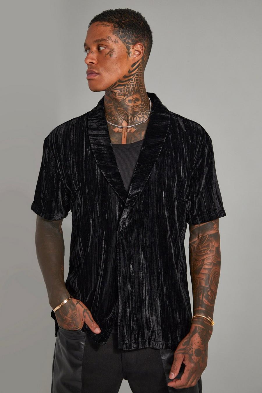 Black Slim fit kortärmad skjorta i velour med bowlingkrage image number 1