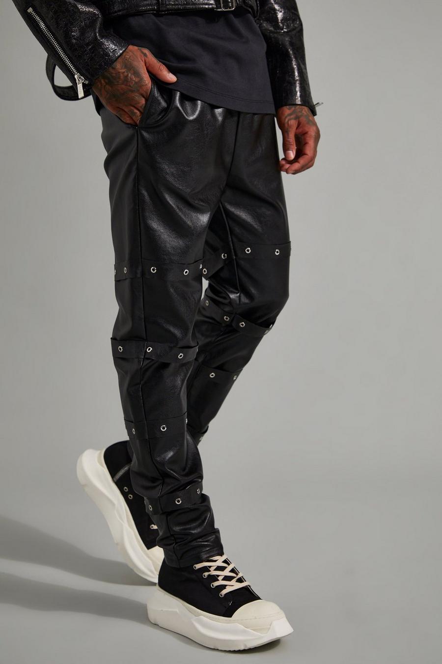 Black Elastic Waist Slim Fit PU Strap Detail Trouser image number 1