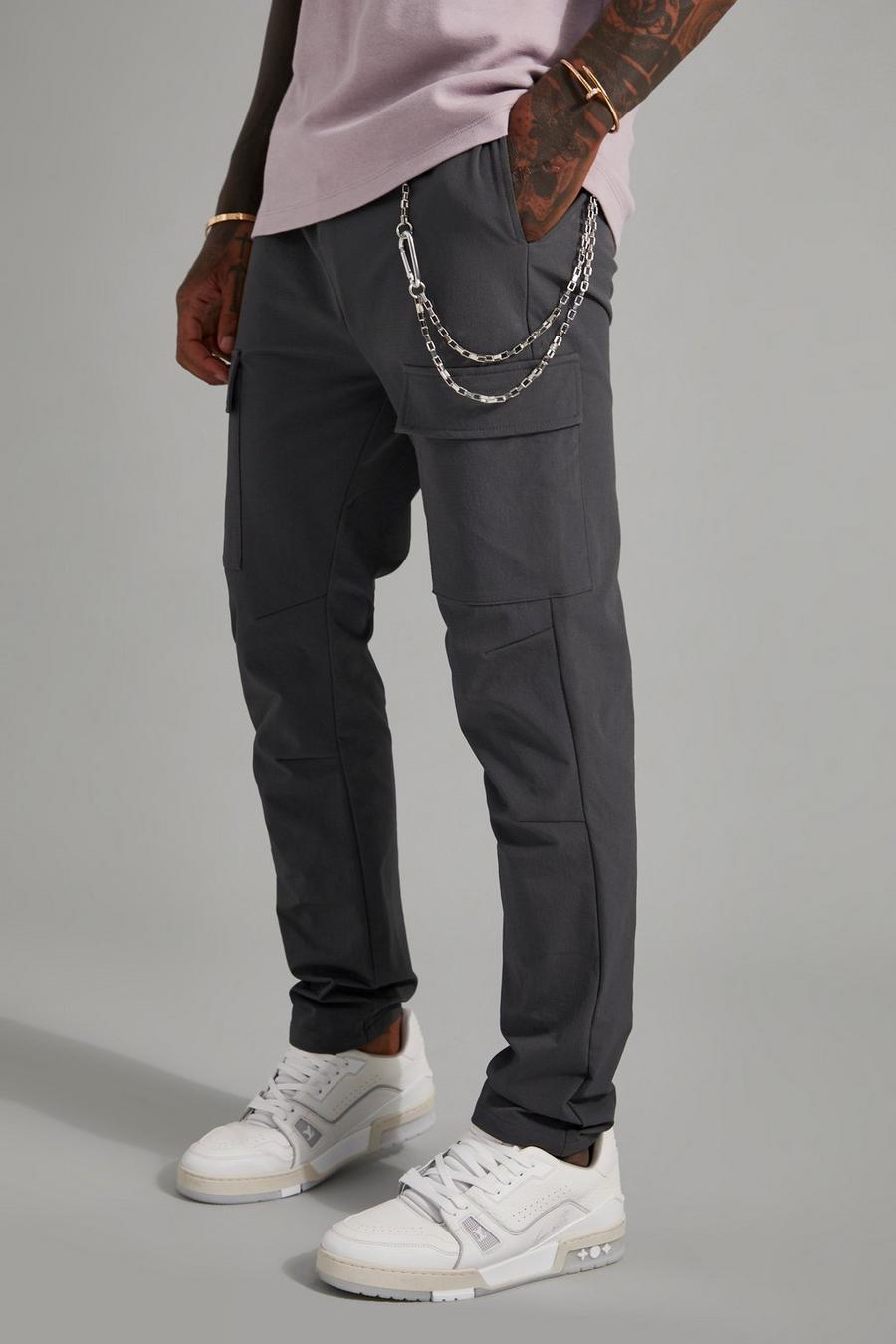 Pantalón cargo ajustado elástico con bolsillos técnicos, Grey grigio