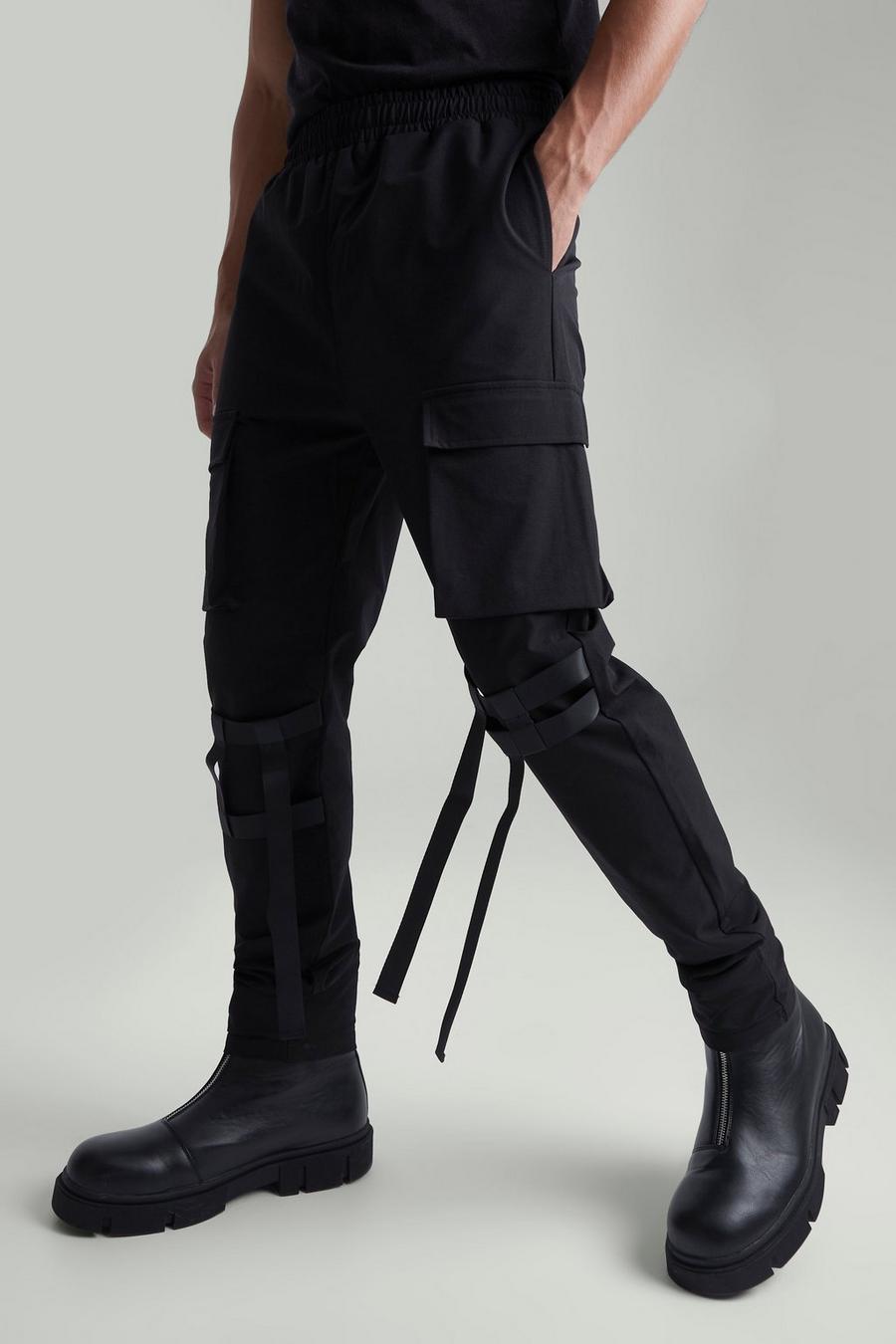 Pantaloni Cargo in Stretch tecnico con strap, Black
