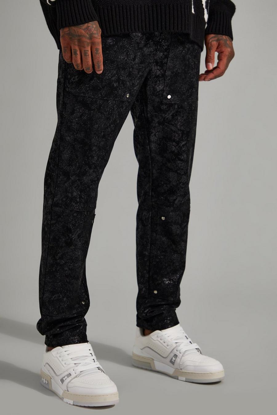 Black Elastic Waist Slim Fit Cracked PU Cargo Trouser image number 1