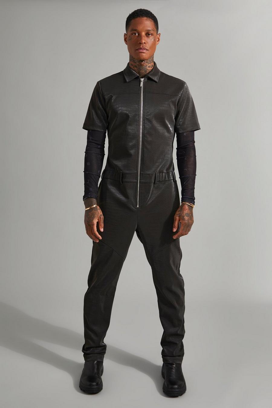 Charcoal Slim Fit Croc PU Boilder Suit image number 1