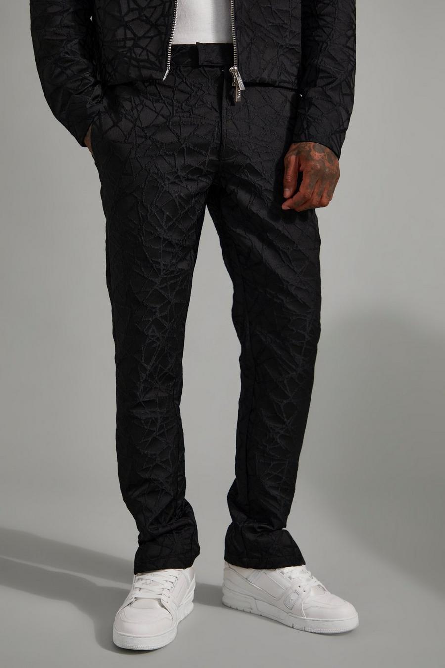 Black Fixed Waist Slim Fit Textured Jacquard Trouser