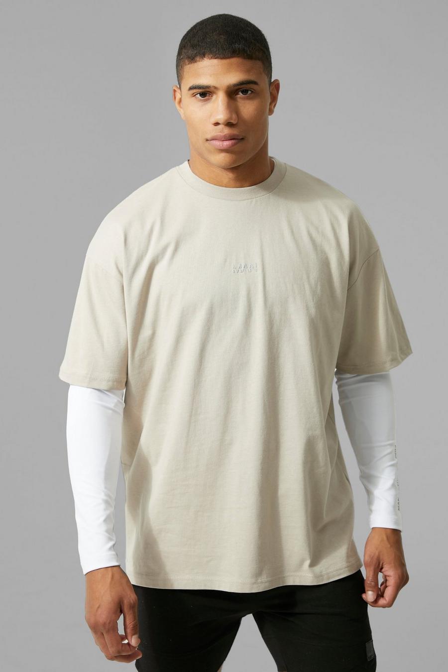 Taupe MAN Active Oversized t-shirt och kompressionströja image number 1