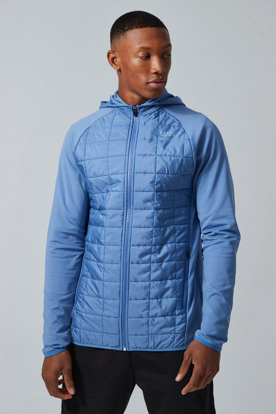 Dusty blue bleu Man Active Grid Quilted Hybrid Hoodie